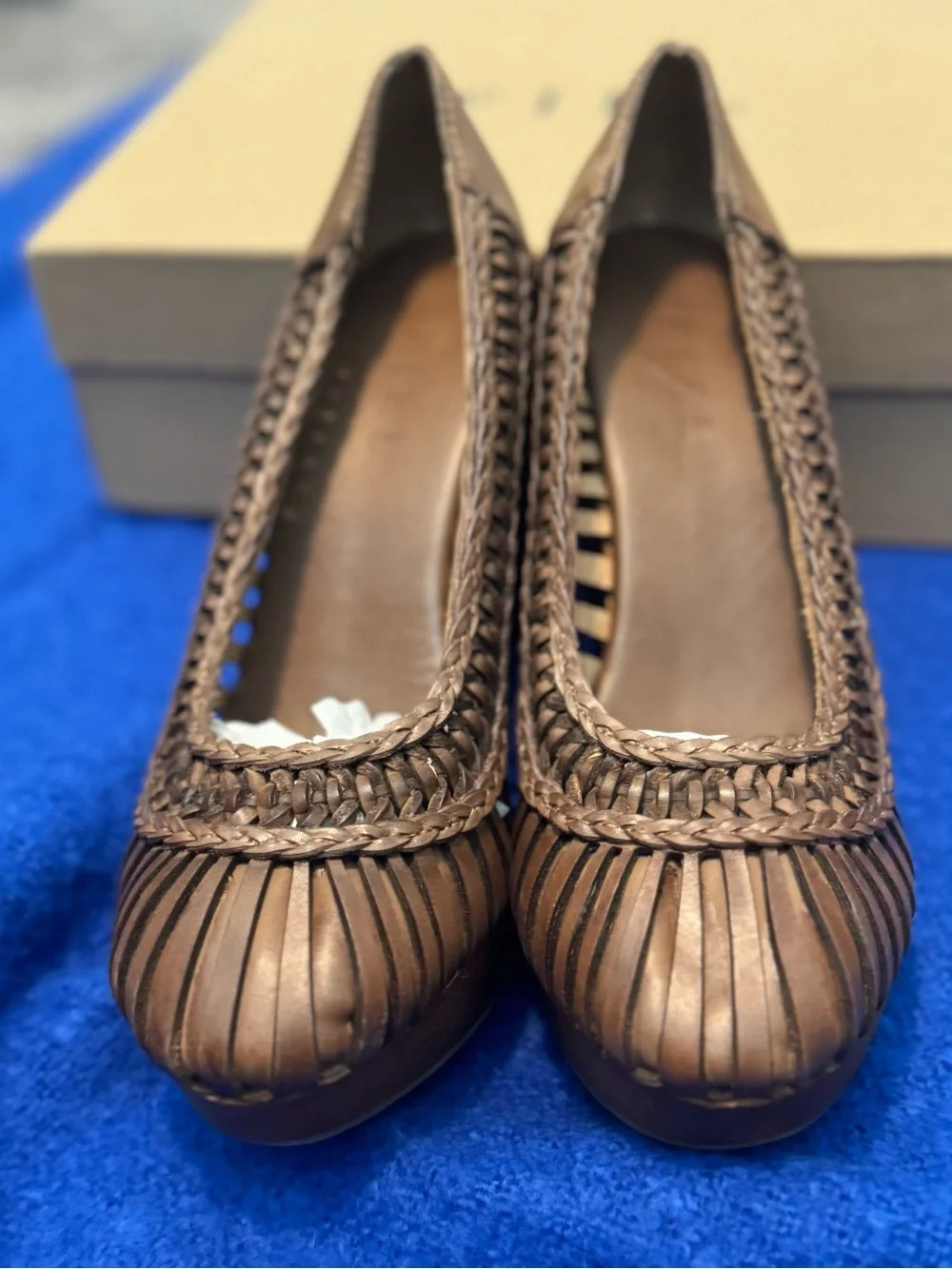 FIEL Brown Braided Leather Women's Wooden Wedges - New with Box